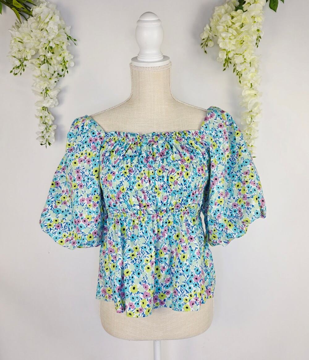 Love Notes Peasant Blouse Large Blue Floral Smocked Puff Sleeve Cottage Prairie